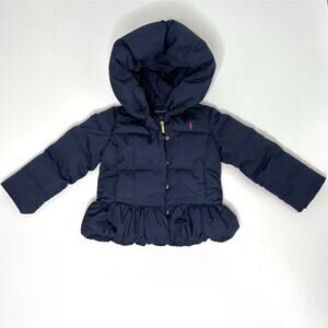 Ralph Lauren Toddler Girl Shannon Peplum Down Hooded Puffer Coat Navy 4T